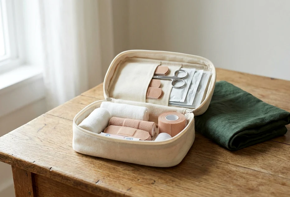 Open household first aid kit with bandages and simple safety supplies