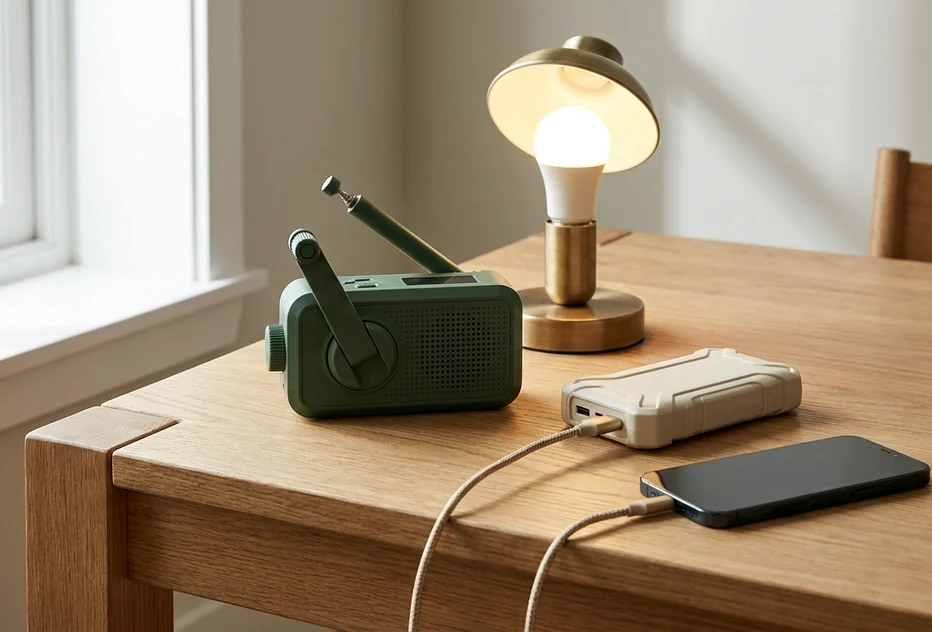 Modern power bank charging a phone beside a compact emergency radio